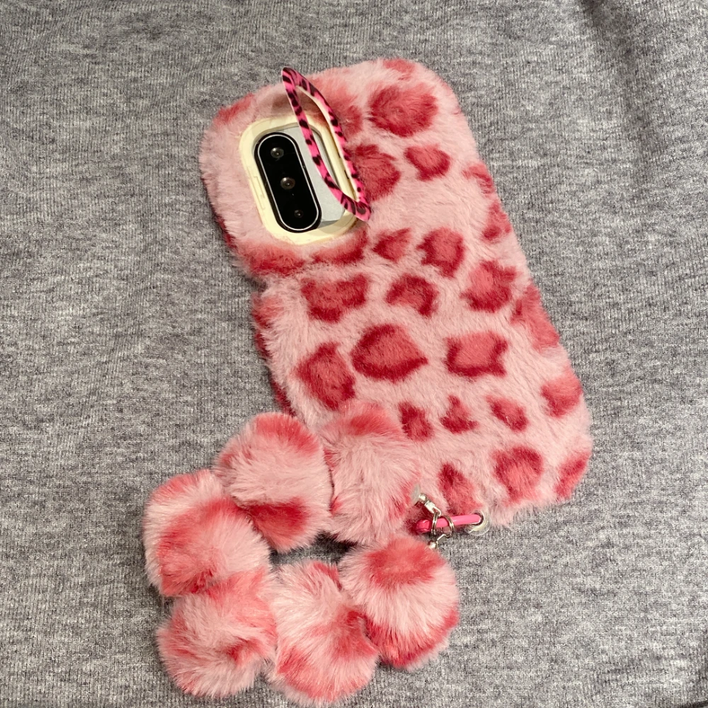 Leopard Print Fuzzy Plush Phone Case with Stand Holder and Lanyard
