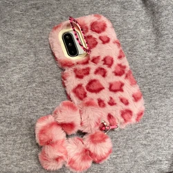 Leopard Print Fuzzy Plush Phone Case with Stand Holder and Lanyard - Galaxy S23 Ultra (W1)