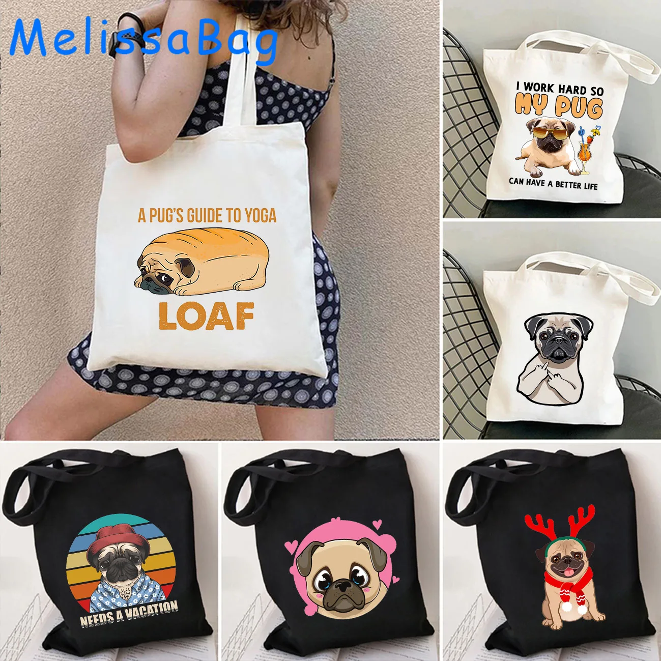 Divertente Papavero Carino Pug Amante Regalo Cane Cartoon Pug Papà Mamma Adorabile Borsa A Tracolla In Tela Da Donna Harajuku Shopper Borsa In Cotone