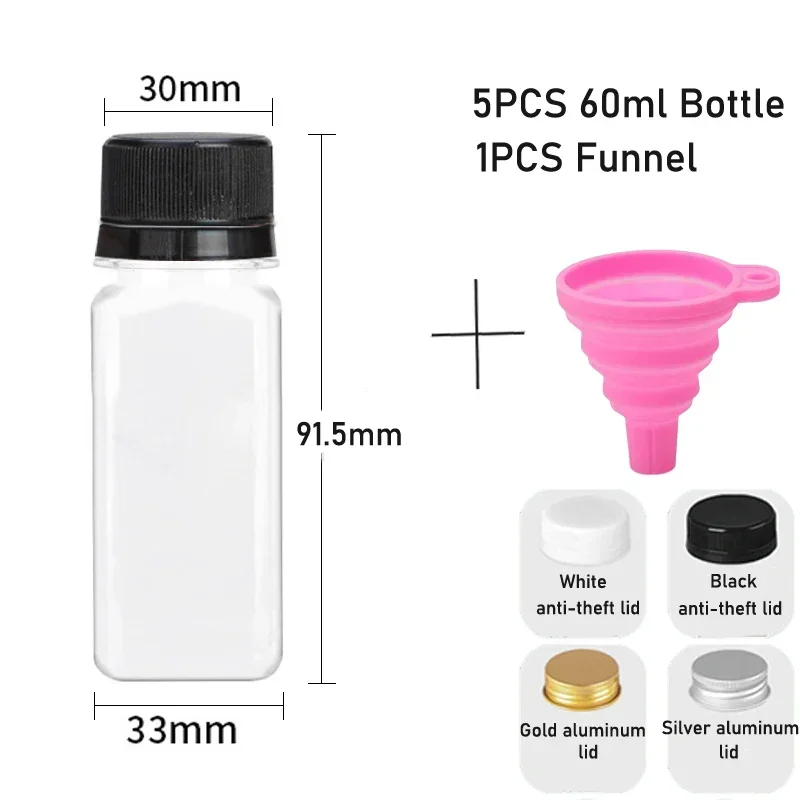 5-Pack Reusable Clear Plastic Bottles with Caps and Folding Funnel for DIY Juicing and Smoothies