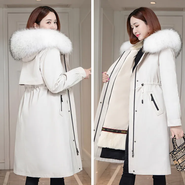 2023 New Women Raccoon Fur Collar Fur Coat Long Rex Rabbit Fur Liner Removable Parkas Winter Plus Size Thick Warm Hooded Outwear