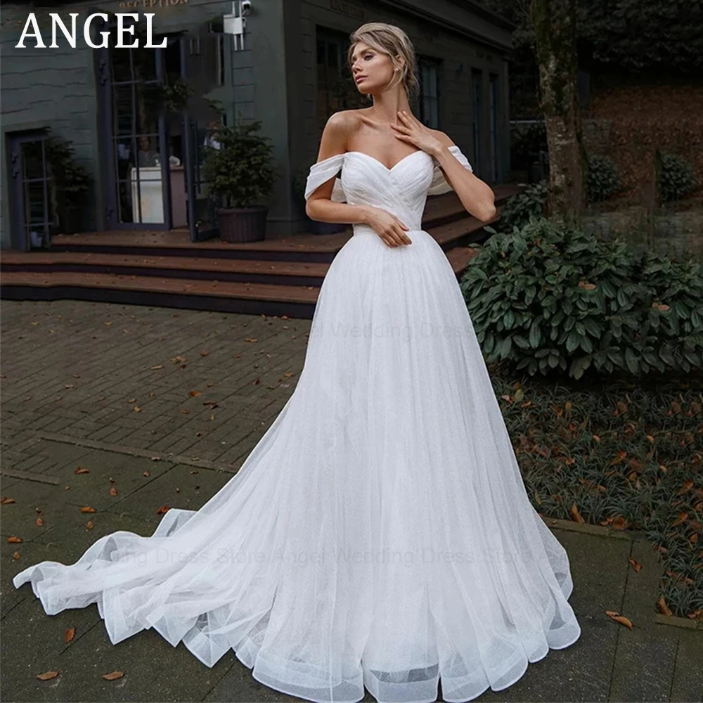 

ANGEL Off Shoulder Tulle Wedding Dresses Sweetheart Straps Bridal Gowns For Bride Robe De Mariée Beach Sweep Train For Women