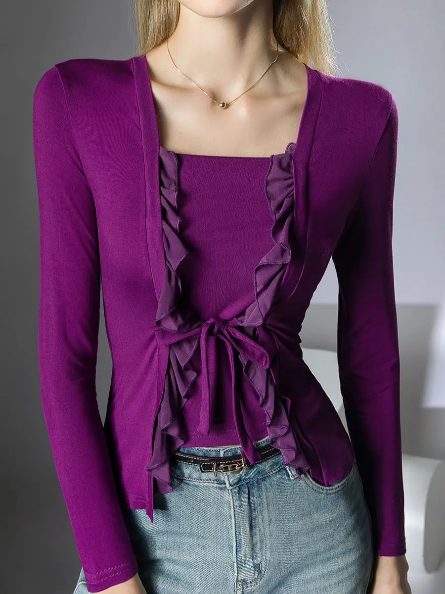 Camisa De Manga Larga Suelta Para Mujer Estilo Sexy Color Sólido Con Botones Versátil Abierta Para Primavera Y Otoño Fabricada En Poliéster