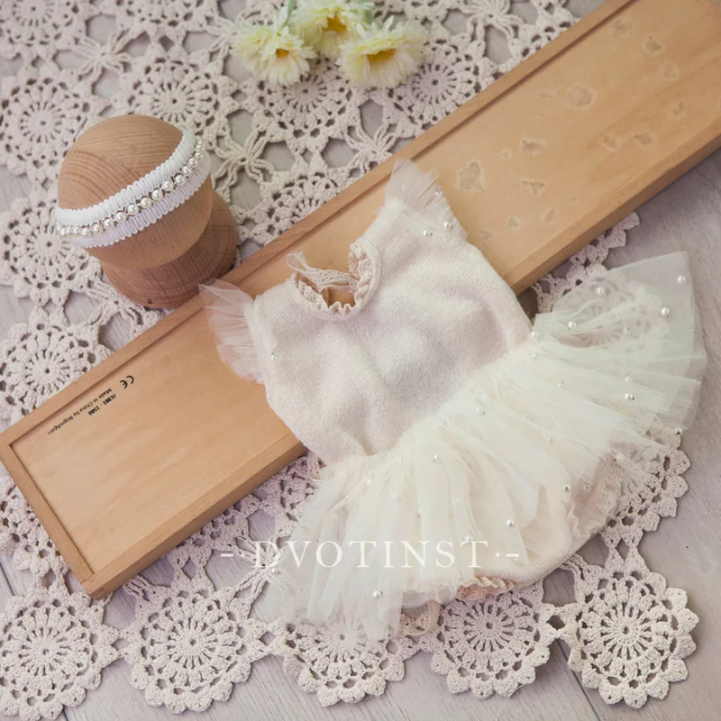 Dvotinst Newborn Baby Girls Photography Props Knitting Lace Dress Headband 2pcs Set Fotografia Studio Shooting Photo Props