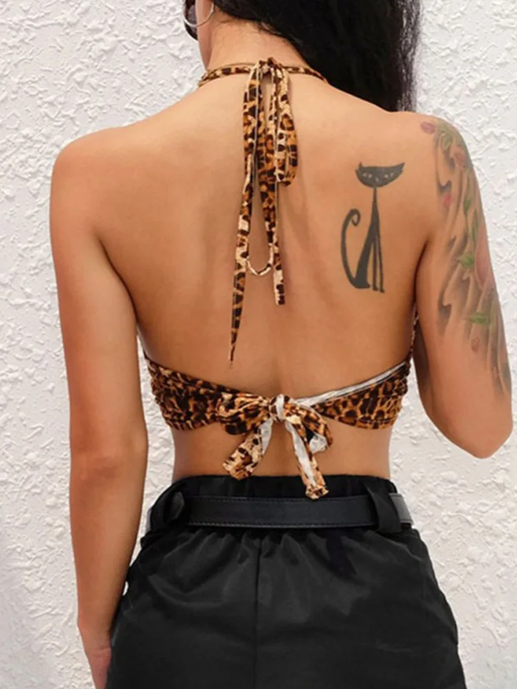 Leopard Print Halter Crop Top for Women Backless Bandage Lace-Up Sequin Metal Ring Detail Party Club Bustier 2025 Style 2