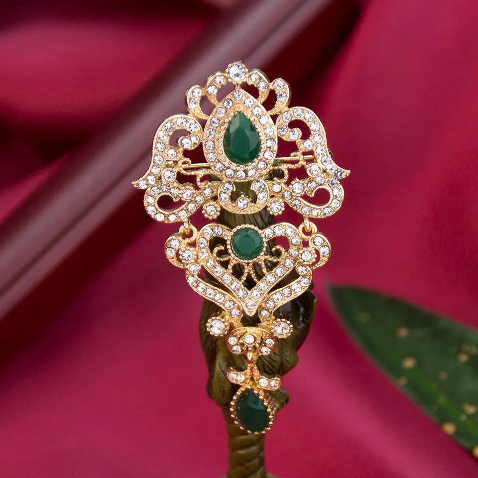 Green Mountain Brooch Pin - Pearl & Rhinestone, Gold Plated, Enamel Lapel Pin - View #3
