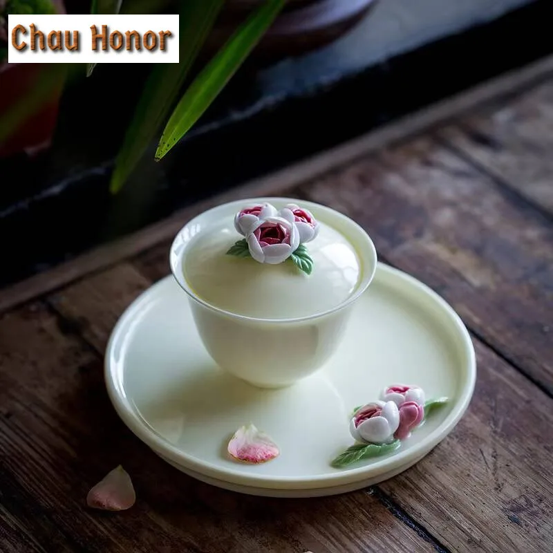 High-end Handmade Pinch Flowers Ceramic Round Tea Tray Handmade Household Chinese Kung Fu Tea Set Tea Ceremony Accessories Gift