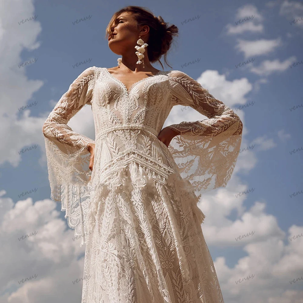 Bohemia Vintage Wedding Dresses For Women 2024 V-Neck Backless Bridal Gowns Flare Sleeves Lace Robe Vestidos De Novia Customized 3