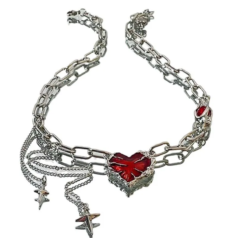 Dark Red Love Necklace, Four-Pointed Star Tassel Pendant Necklace, Ghost Claw Clavicle Chain, Punk Personality Style Gift Jewelr