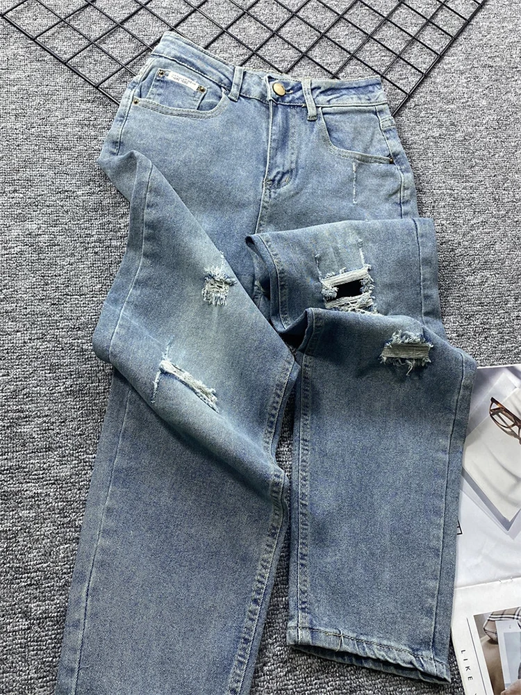

Women Vintage Ripped High Waist Jeans Streetwear Y2k Wide Leg Denim Pants Korean Baggy 90s Casual Straight Trousers Summer 2023