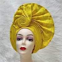 latest aso oke auto gele headtie Already Handmade African Cap Nigerian Wedding Gele Women Braid Turbans Ladies head Wraps 7L0981 2