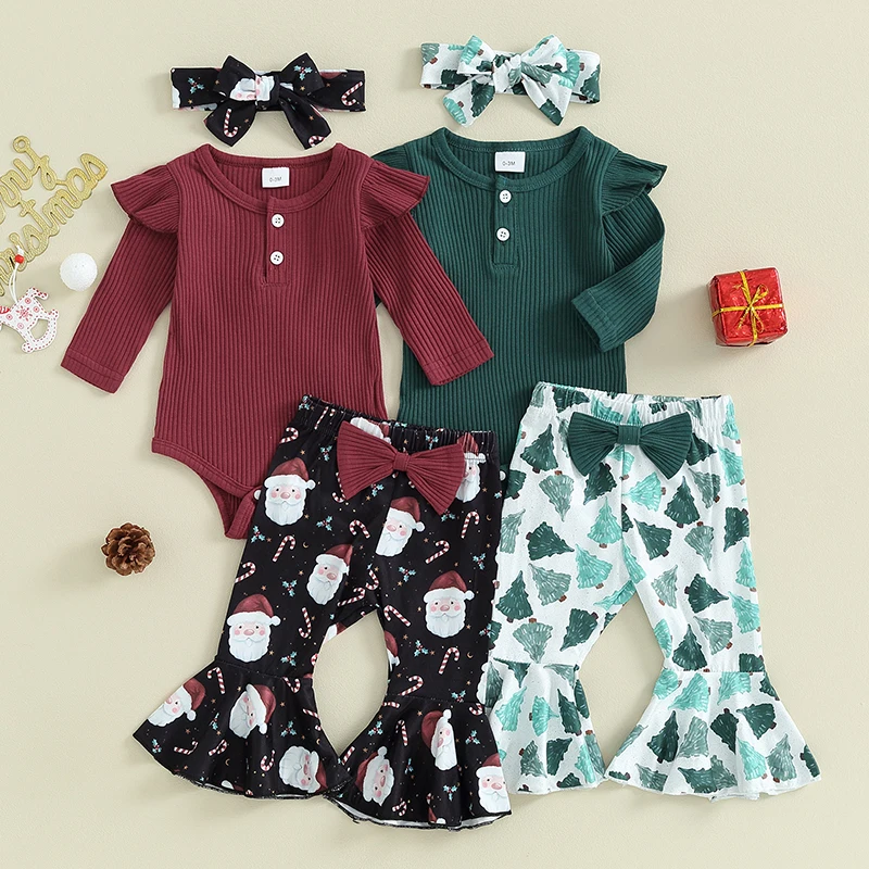 

Fashion Toddler Kid Newborn Baby Girls Christmas Clothing Sets Ribbed Button Long Sleeve Bodysuits+Santa Claus Print Flare Pants