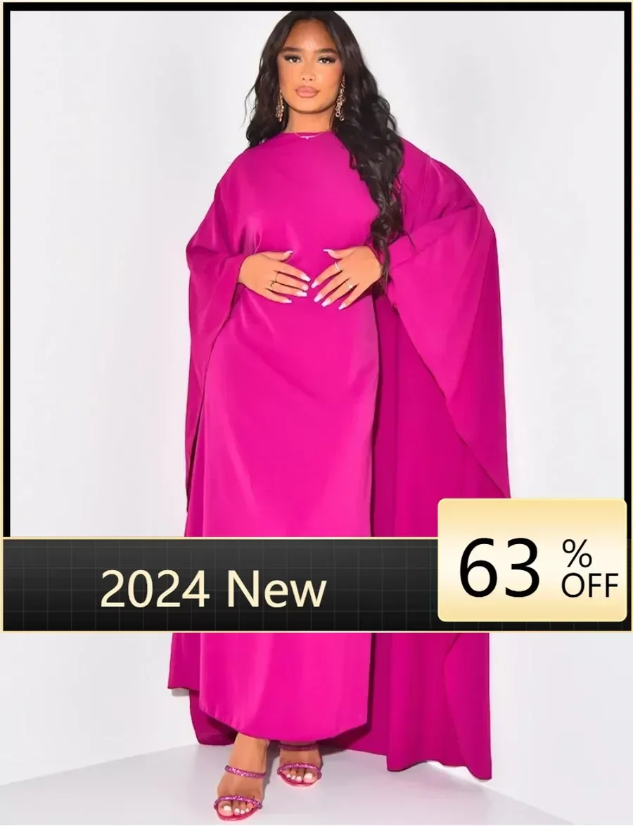 

Autumn Fashion Satin Party Dress Robe Abaya Muslim Women Elegant Solid Round Neck Bat Sleeves Loose Maxi Dress Women