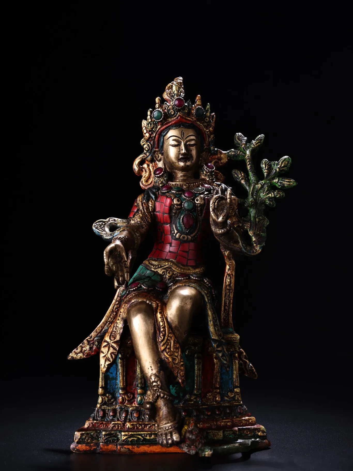 

15"Tibetan Temple Collection Old Bronze Outline in gold Mosaic Gem Turquoise Dance Goddess Green Tara Buddha Worship Hall