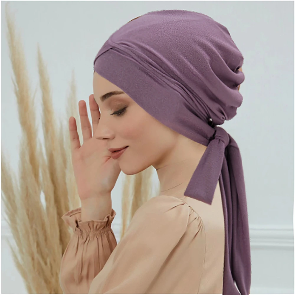 

New Women Pre-Tied Turban Forehead Cross Chemo Cap Muslim Hijab Beanies Bonnet Long Tail Headscarf Hat Headwrap Turbante Mujer