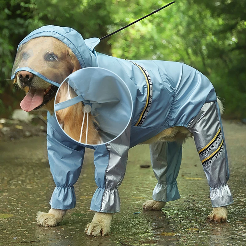 Big Dog Raincoat with Tail Jumpsuit Raincoat for Large Dogs with Reflective Strips Tow Hole Labrador Waterproof Jacket