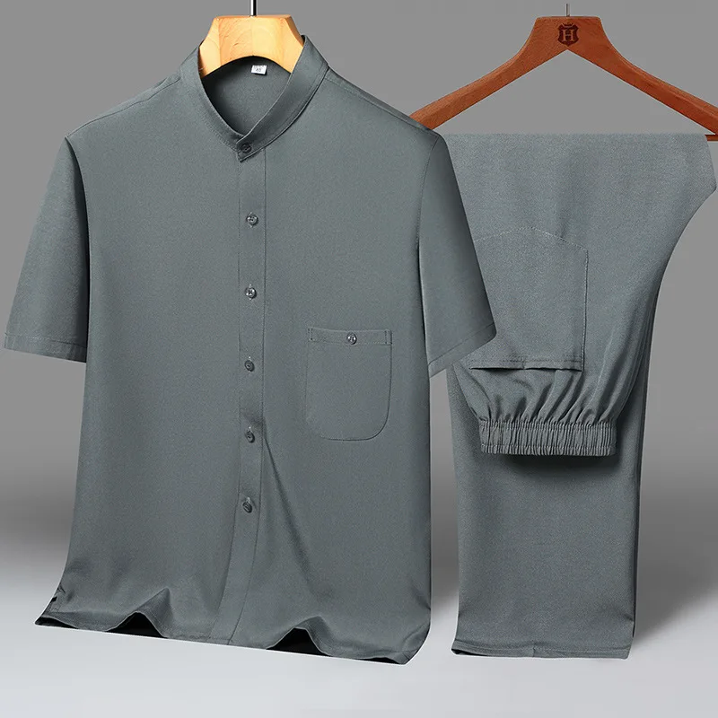 Loose Ice Silk Short Sleeve Shirt Set for Middle-Aged And Elderly Men Summer Thin Shirt Comfortable Urban Style Polyester Fiber