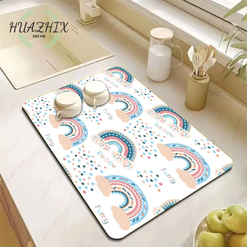 

Cartoon Rainbow Drain Pad Kitchen Super Absorption Diatom Mud Quick Drying Mat Tableware Coffee Bar Placemat Home Decoration