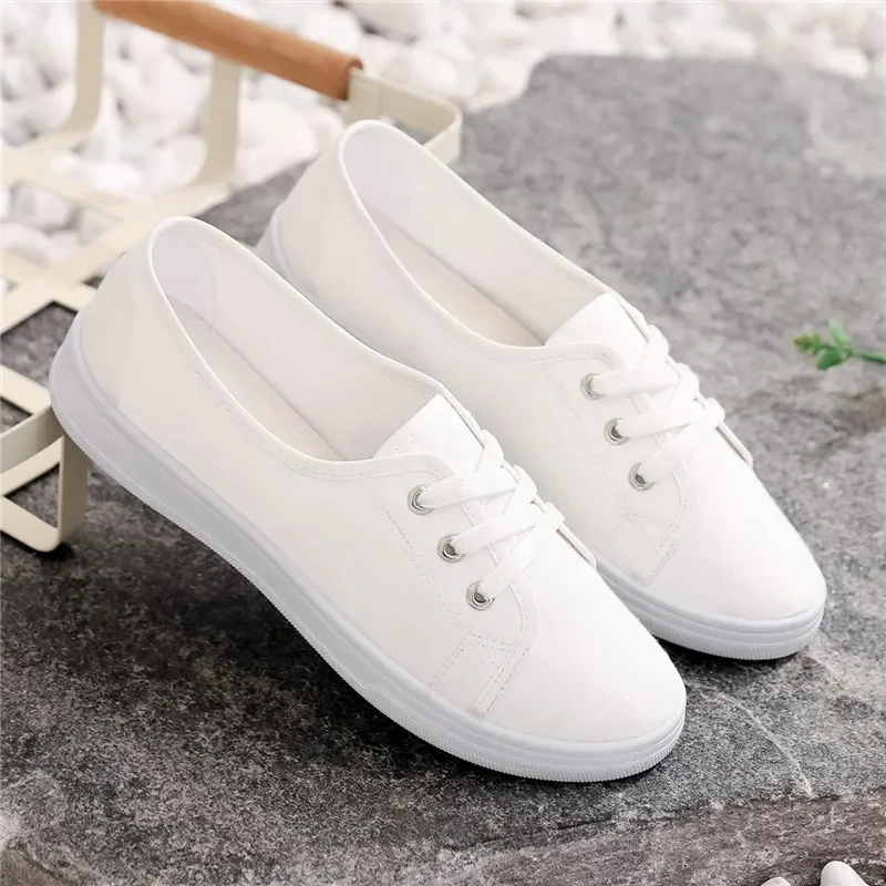 

Lady Classic Round Toe White Canvas Shoes for Student School Women Cool Black Comfort Street Lace Up Shoes Zapatos De Mujer F921