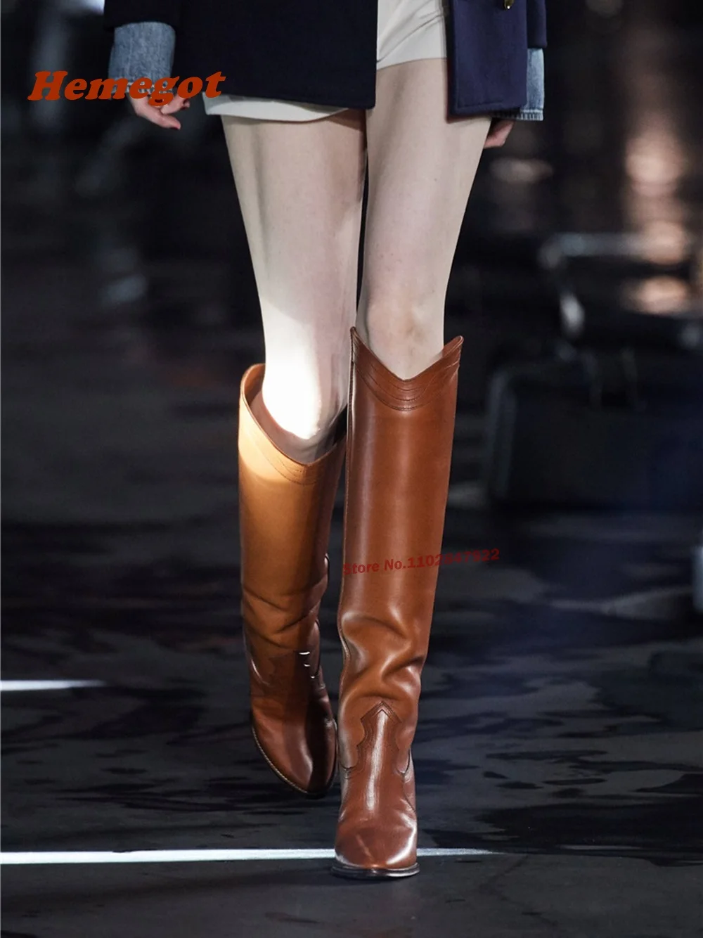 

Brown Leather Chunky Heels Boots Round Toe Solid Slip On Winter Women's Boots 2023 New Luxury Runway Shoes Elegant Plus Size 43
