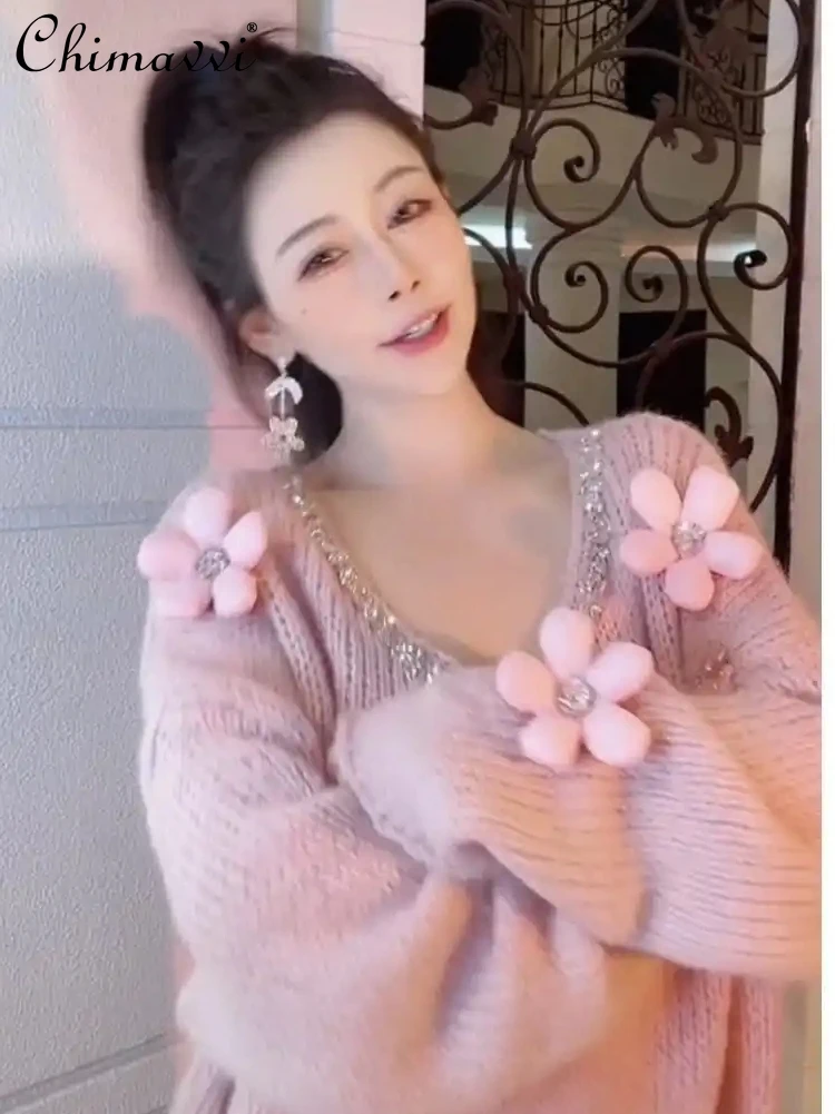 

European Style Heavy Sweater Women's Oversize Loose Slimming and Fashion Design Flower Knitted Top 2022 Spring Clothes New