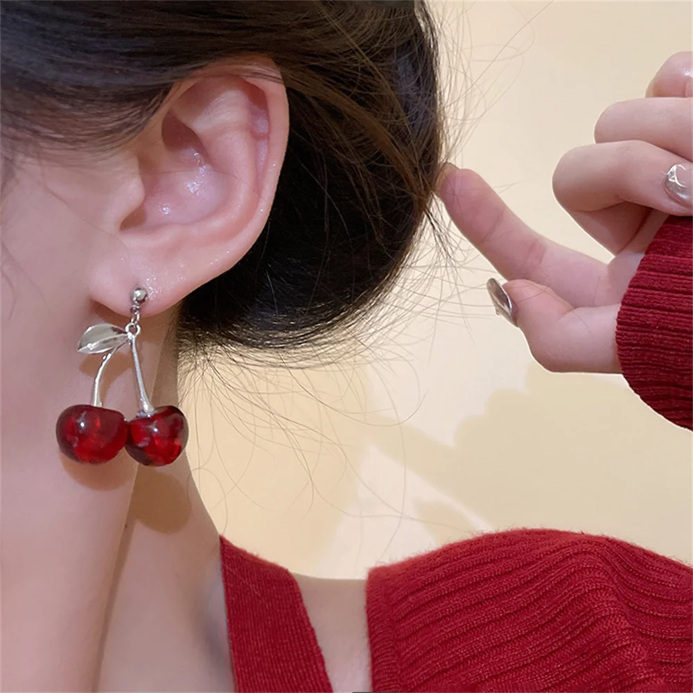 Cherry Earrings Drop Earrings Acrylic Earrings Silver Jewelry Red Acrylic Cherry Drop Earring