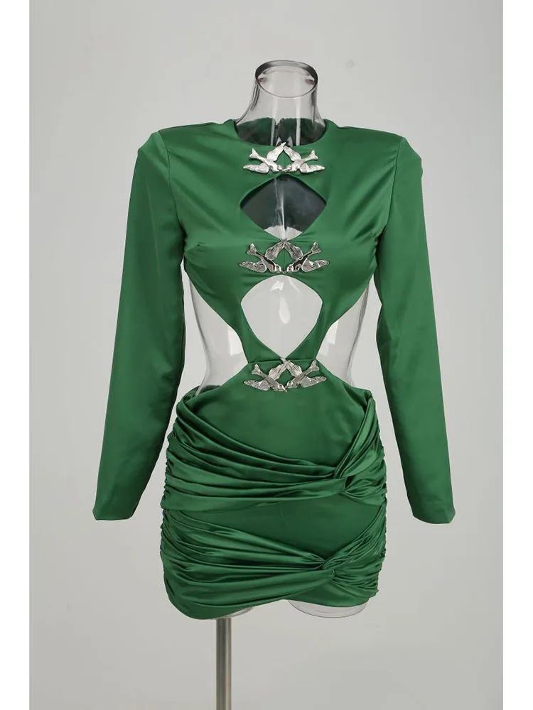 

Newest 2023 Designer Dress Women's Sexy Backless Hollowed Out Metal Decorative Pleated Dress