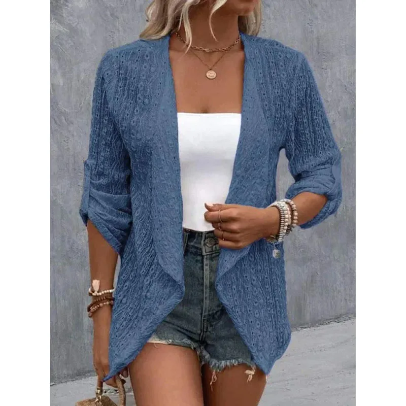2023 New Autumn Fashion Trend Lace Jacquard Hollowed Out Temperament Casual Loose Solid Color Simple Women's Versatile Cardigan