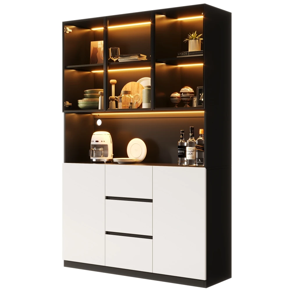 Bücherregal mit Glastüren und LED-Beleuchtung, Vitrine mit offenem Fach und 3 Türen, Aktenschrank für Ordner und Bücher – Detail 33