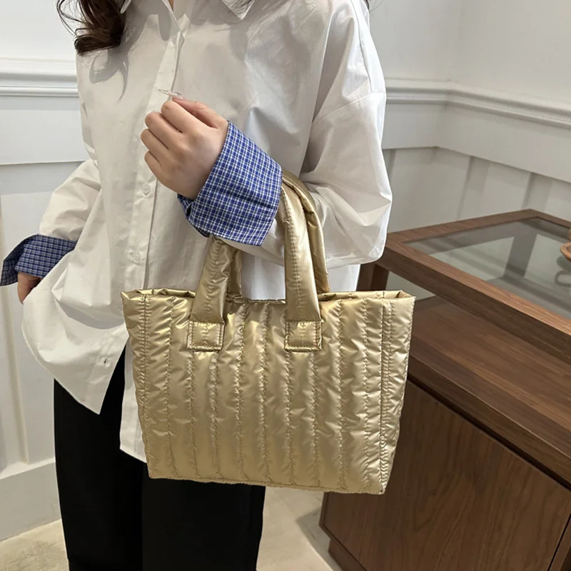 Large Capacity Quilted Tote Bag for Women Elegant Padded Solid Color Shoulder Bag for Vacation Casual Commuting Handbags