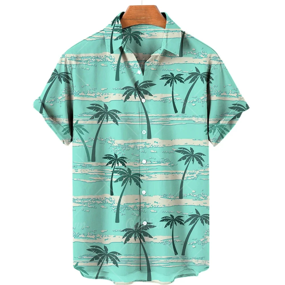 Camisa de manga corta con estampado 3D de árbol de coco para hombre, estilo hawaiano, para vacaciones en la playa, holgada, de talla grande, para verano de 2024