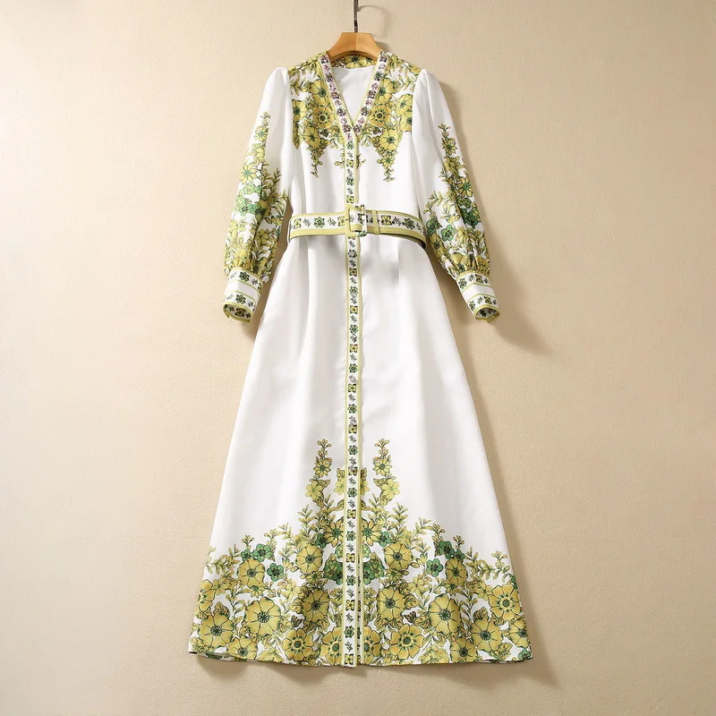 

European and American women's clothing 2023 autumn new Beaded V-neck Long sleeve flower print Fashion belt cotton linen dress