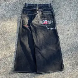 JNCO New Jeans Harajuku Retro Hip Hop Letter Embroidery Baggy Jeans Black Denim Pants Men Street Gothic Wide Trousers Streetwear