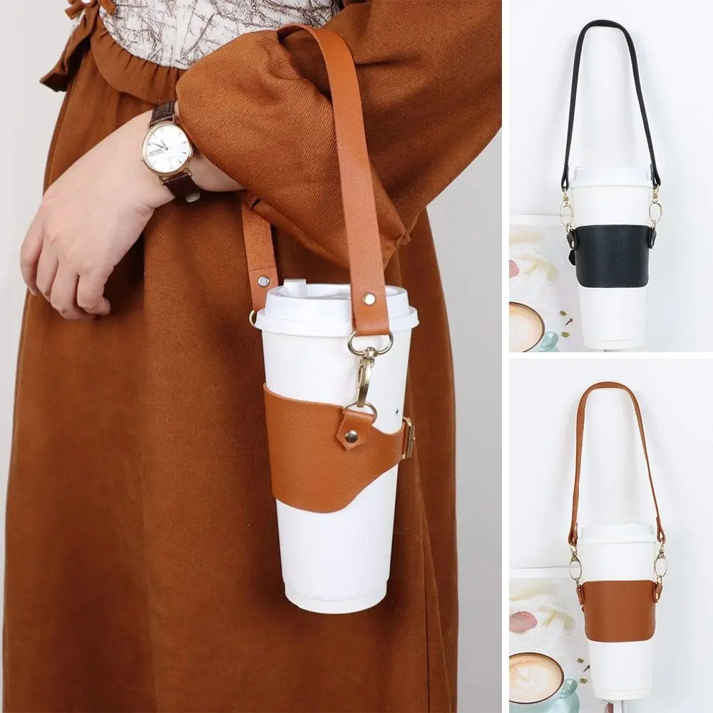 Creative PU Leather Cup Holder Lanyard Portable Heat-insulated Water Bottle Sling Hand-held Travel Milk Tea Cup Sleeve