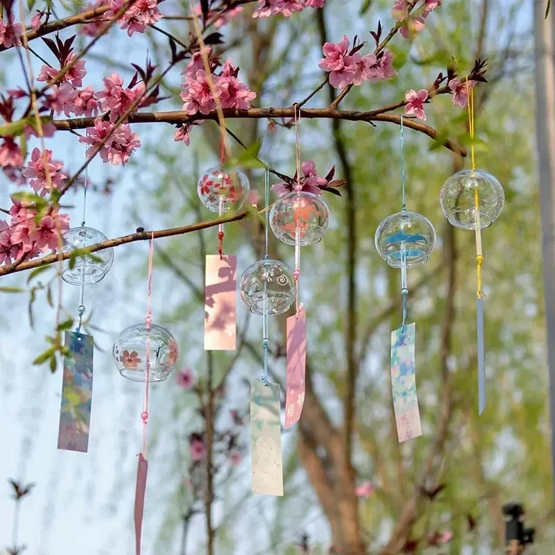 Outdoor Wind Chimes Wind Bell Pendant Sakura Glass Wind Chime Hanging Drop Birthday Gift Ornament Transparent Wind Spinner Bell Pendant Japanese Style Decoration