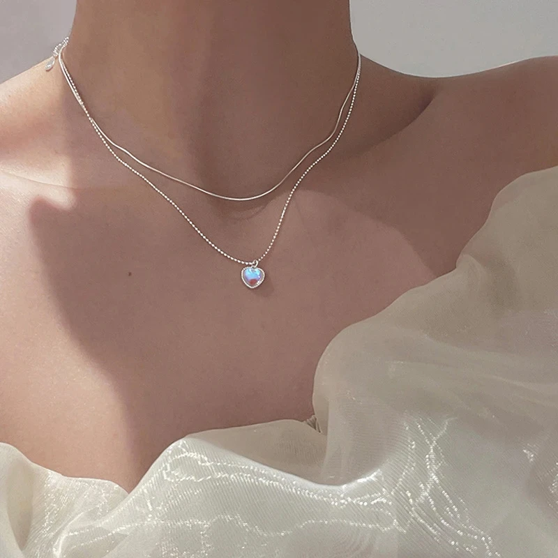 Silver Color Double Love Heart-shaped Moonstone Pendant Necklace Women Gradient Gemstone Clavicle Chain Couple 13