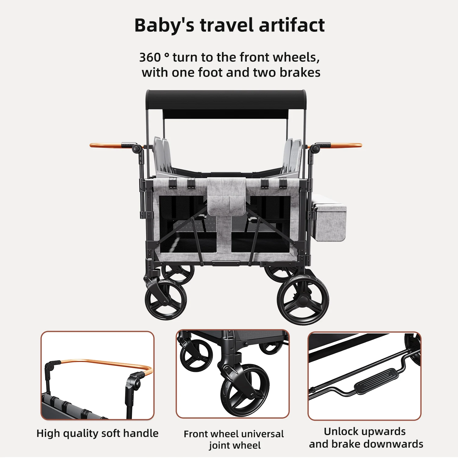 4-Seater Quad Stroller Wagon-Spacious, Collapsible, and Safe Ride with 5-Point Harnesses, Easy Access Zipper Door, and Removab
