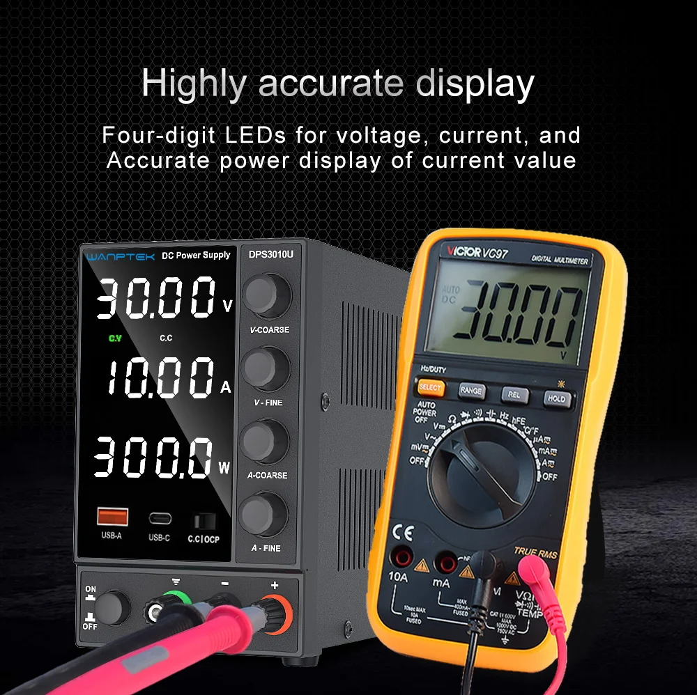 de laboratório regulada, USB e tipo C, 30V, 10A, 60V, 5A