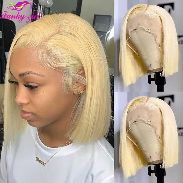 Perruque Bob Lace Front Wig naturelle brésilienne naturelle, cheveux courts, blond 613, Lace Closure transparente, densité 150%, bon marché, pour femmes 1