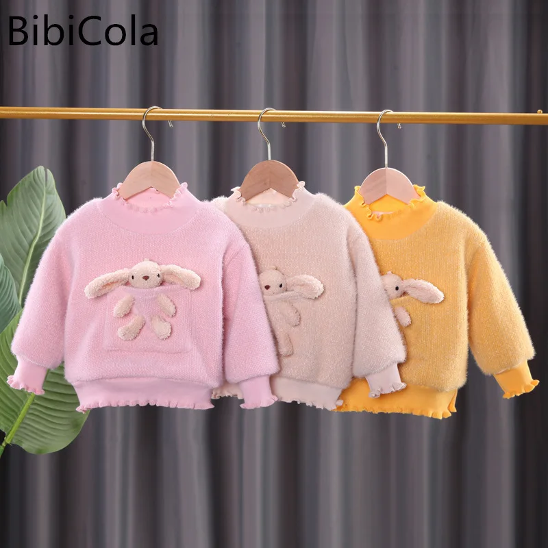 

Baby Girls Sweater Autumn Kids Knitted Pullovers Tops Korean Style Pure Color Ruffle Collar Baby Girls Sweaters With Cute Rabbit