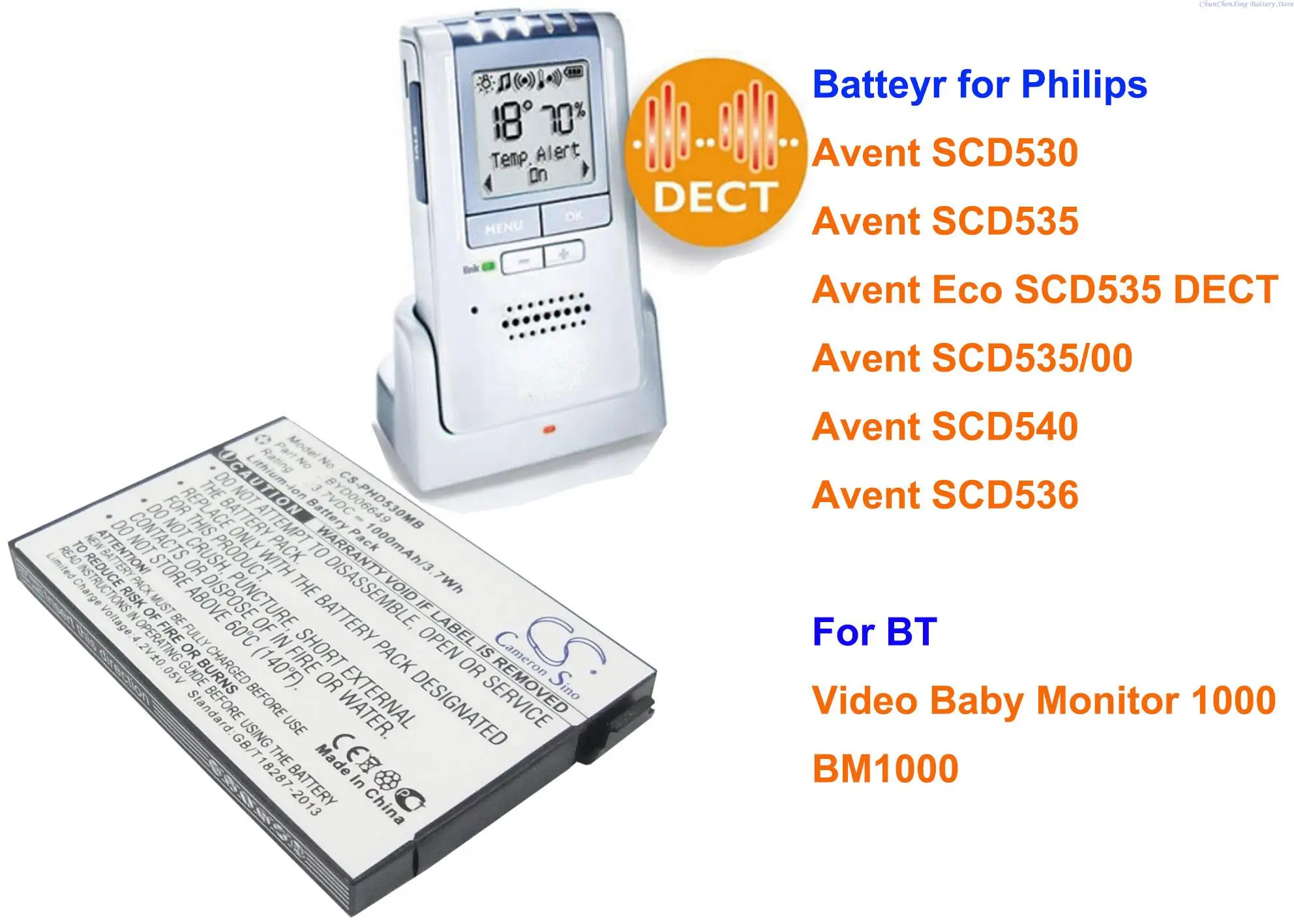 Batteria Greenbattery1000Mah Byd006649 Per Bt Bm1000, Baby Monitor Video 1000, Per Philips Avent Scd530, Scd535, Scd536, Scd540