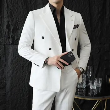 (Blazers + Pantaloni) Boutique Moda Tinta unita Doppiopetto Abito da uomo casual da lavoro slim Set da 2 pezzi Abito da sposa da sposo