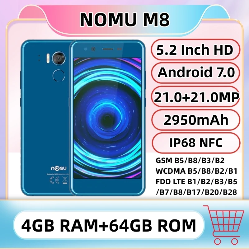 NOMU-M8 4G LTE 견고한 스마트폰, 4GB RAM 64GB ROM, 5.2 인치, MTK6750T, 옥타 코어, 1.5GHz 듀얼 21.0MP, IP68, 방수, NFC, 휴대폰 