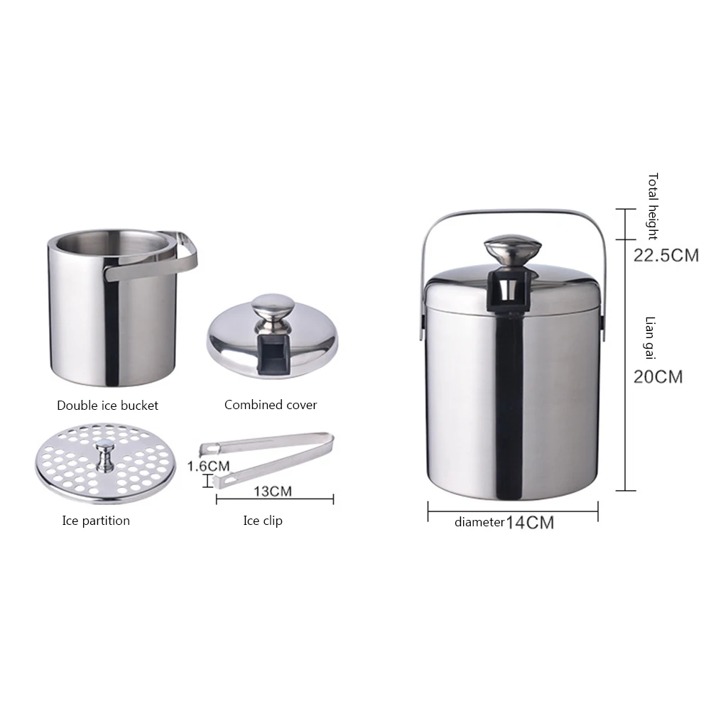 1.3/1.6L Double-layer Stainless Steel Ice Bucket Wine Beer Ice Cube Container with Tong Clip for Picnics Bar Party Supplies