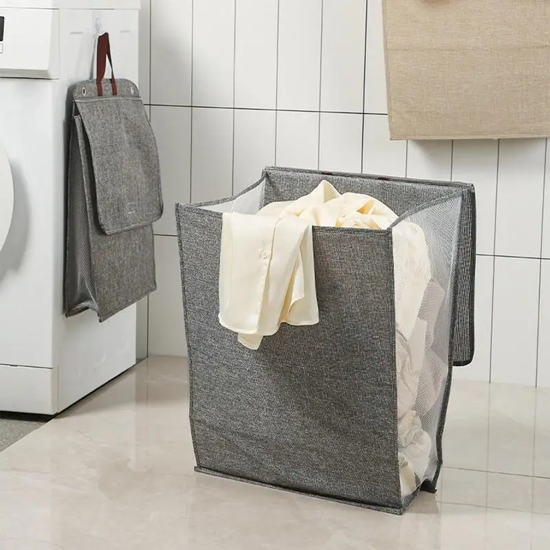 Foldable Adhesive Laundry Basket Hamper Multifunctional Punch Free Wall Hanging Washing Clothes Mesh Hook Organizer