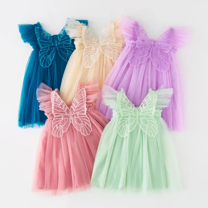 

Baby Girl Party Dress Princess Birthday Clothes Back Bow Wing Solid Color Strap Tulle Dress Summer Sequin Stars Mesh Baby Dress