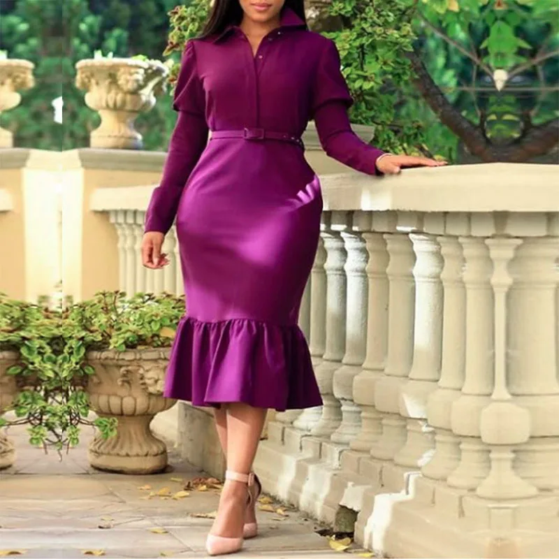 

Purple Wrap Temperament Midi Dress Women Waist Solid Elegant Autumn Fashion Streetwear Vestidos Casual African Women Dresses