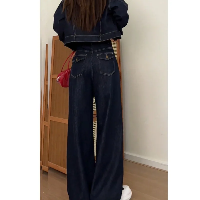 American Large Size Women's Loose Wide Leg Jeans High Waist Deep Blue Autumn Winter Casual Wear Cotton Stretch Denim - 2