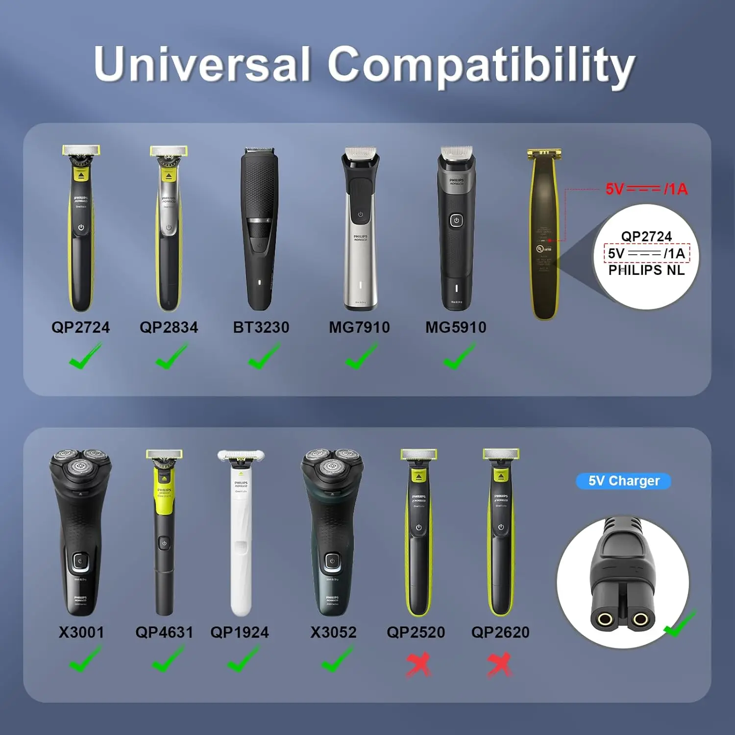 One Blade Charger Cord Philips Norelco OneBlade QP2724 QP2834 QP1324 MG5910 MG7910 MG9510 X5006 Shaver 2400 3,3ft//1m shaver charger