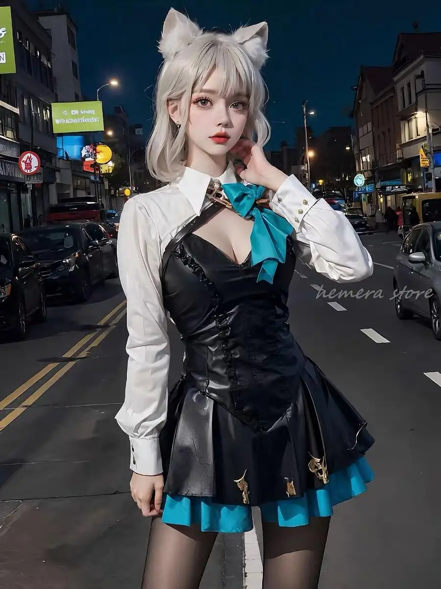 

Lynette Cosplay New Skin Costume Wig Fontaine Leather Cosplay Costume Uniform Dress Ears Skirt Glove Outfit Tail Magician